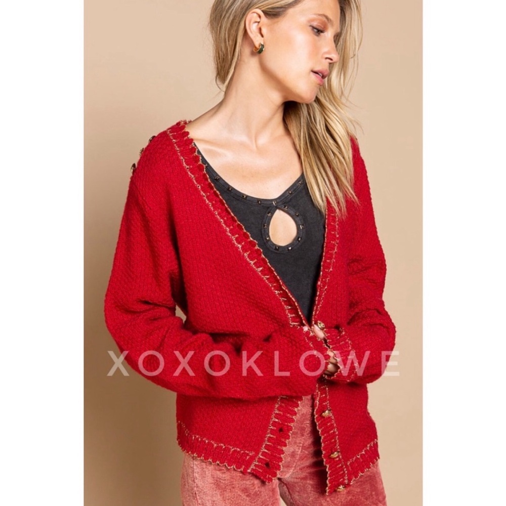 Red Sweater, Button-Front, Statement,  Gold Buttons & Sparkly Gold Trim, NWT, M